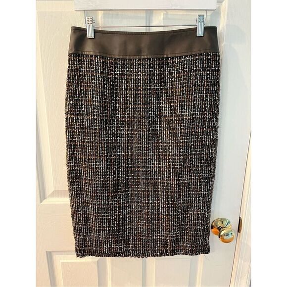 J. McLaughlin Black Brown Maryl Tweed Leather Trimmed Midi Skirt sz 8 NWT - Picture 1 of 6